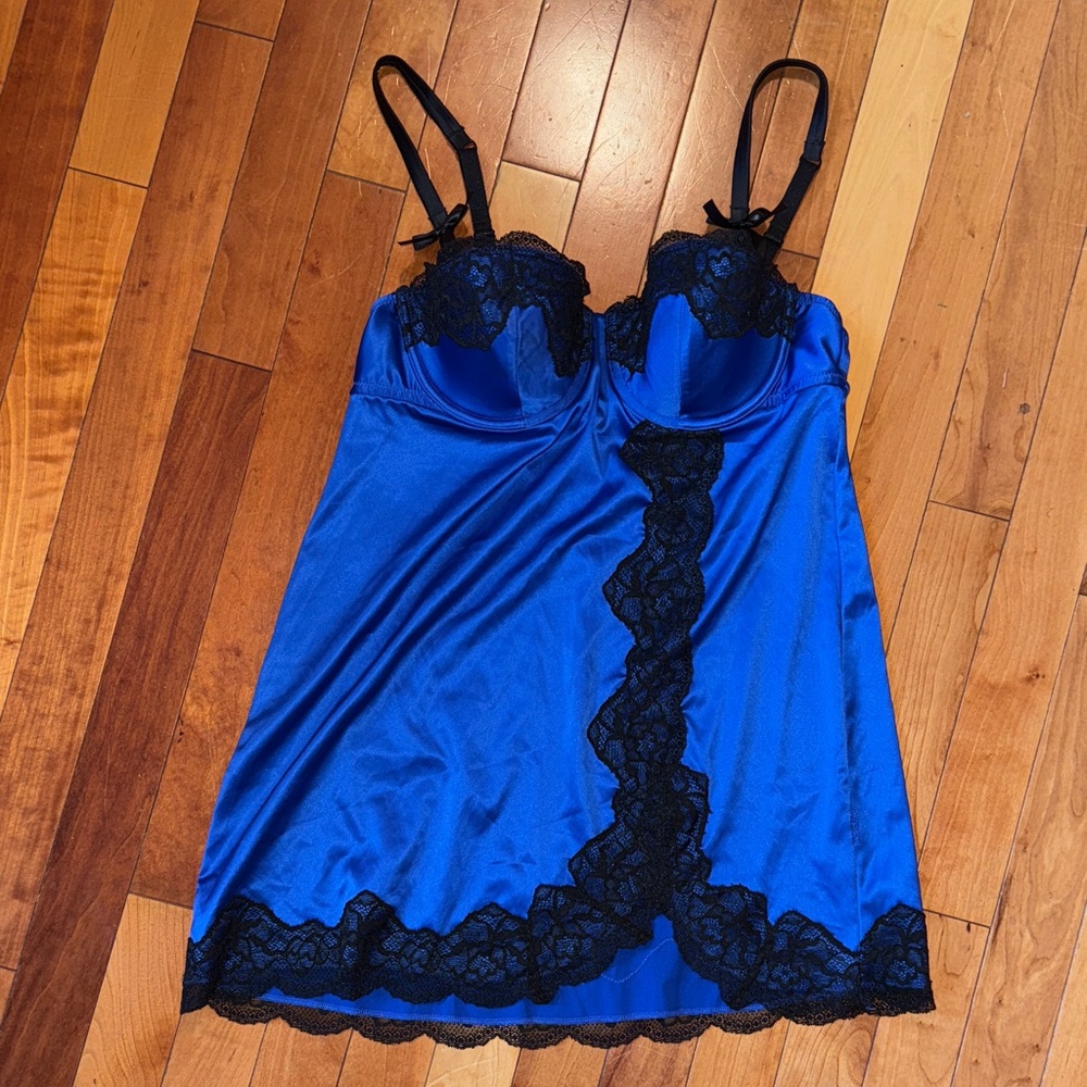 La SENZA Cobalt Blue Chemise with Black Lace Trim